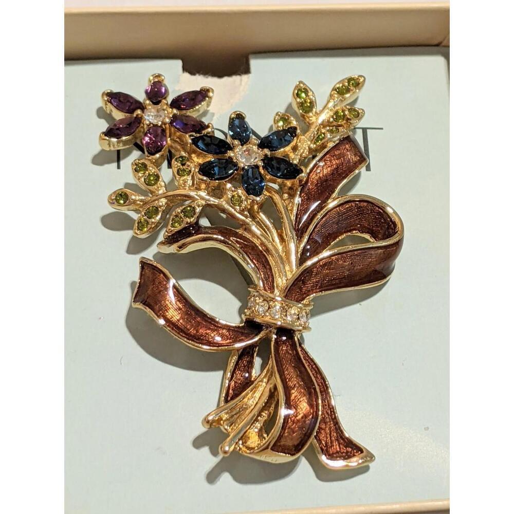 Vintage MONET Fall Flower Bouquet Brooch Pin Jeweled & Enameled Ribbon NIB